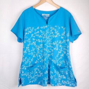 Grey's Anatomy Signature Scrub Top XL Blue Floral Print V-Neck Stretch Nursing